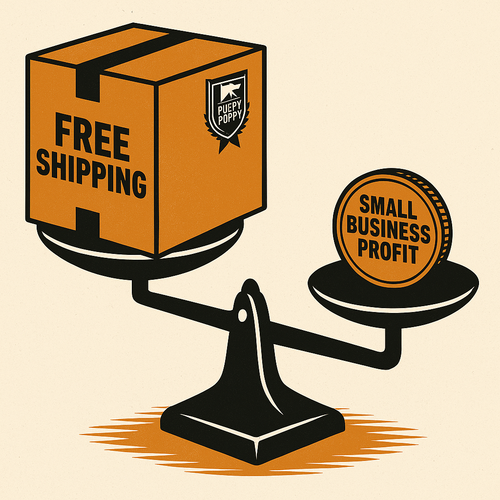 Editorial illustration of a balance scale showing free shipping outweighing small business profit.