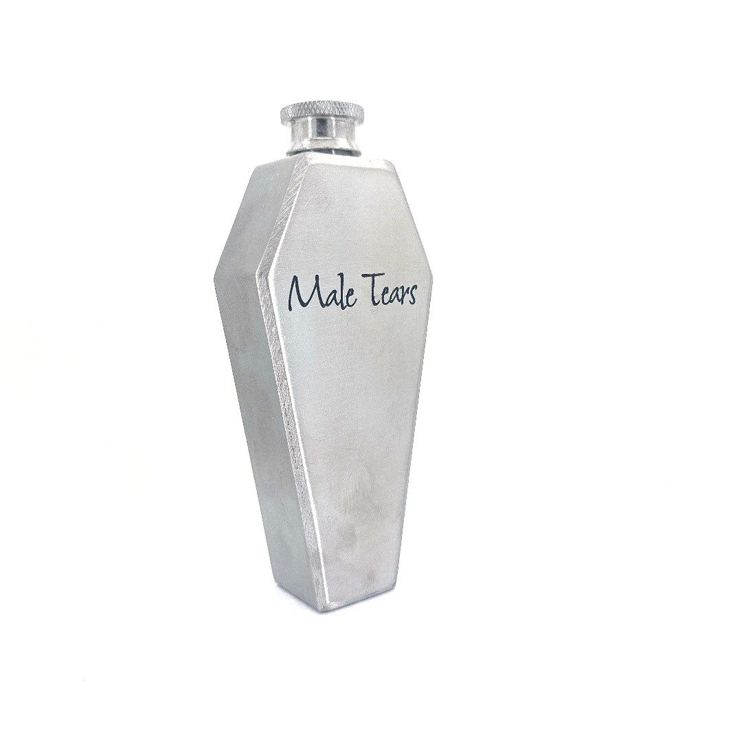 Standing silver stainless steel whiskey coffin flask.