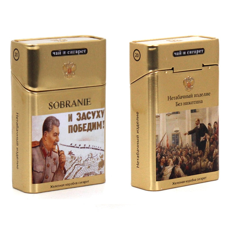 Joint cigarette case with soviet-style cigarette box back and front view.