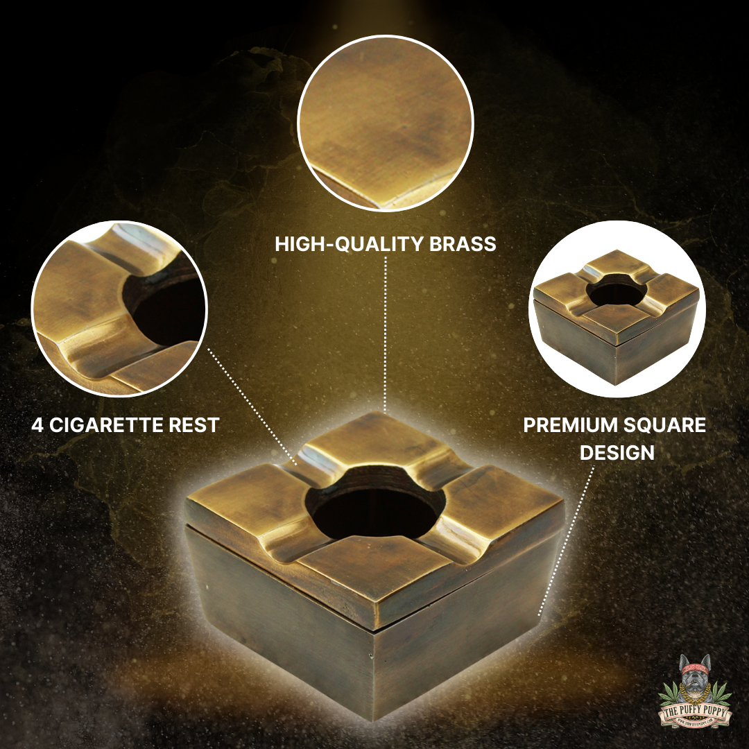 Atlas brass ashtray features