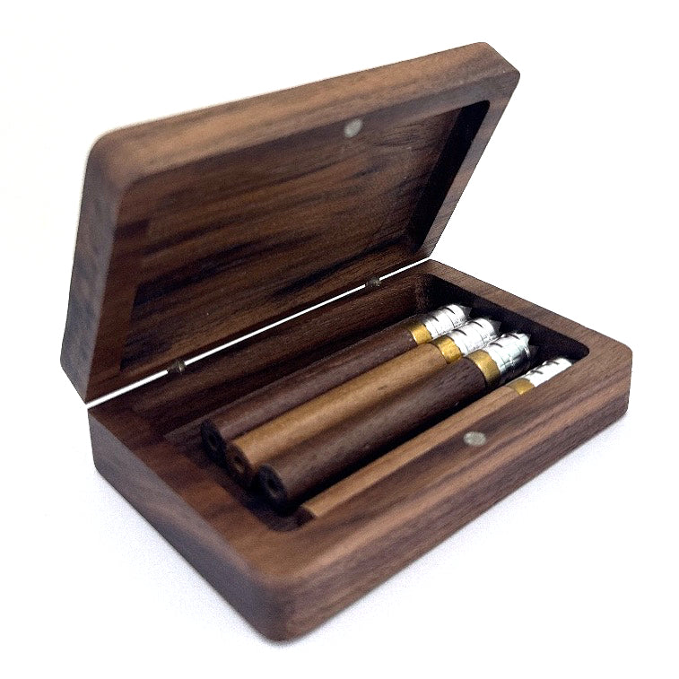 Custom wooden one hitters and stash cigarette case.