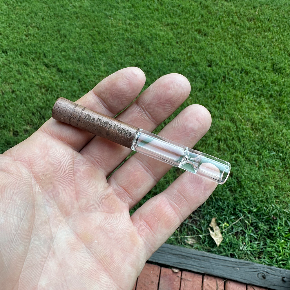 Engraved wooden glass one hitter.