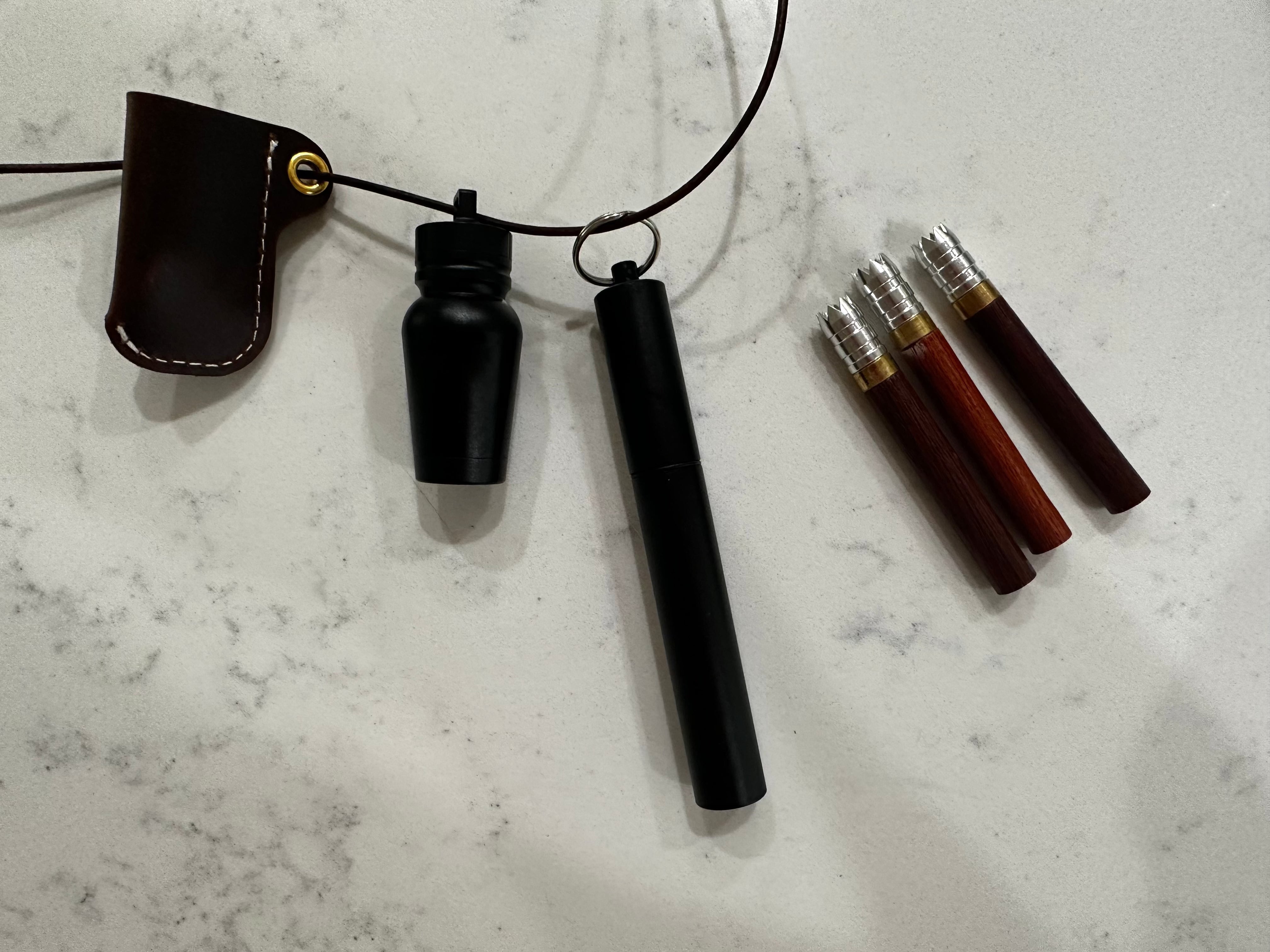 Custom wooden one hitter dugout, chillum, festival special stash jar and leather neck pouch set.