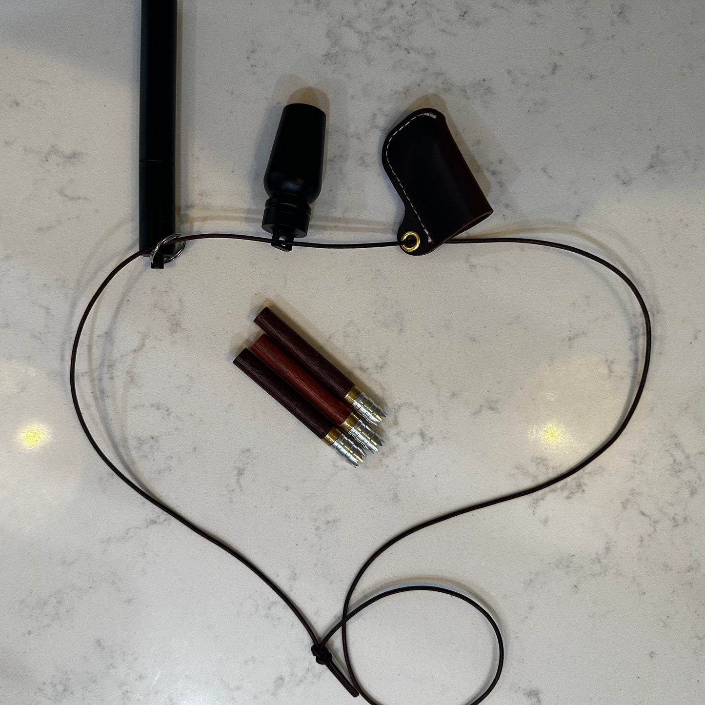 Custom wooden one hitter dugout, chillum, festival special stash jar and leather neck pouch set.