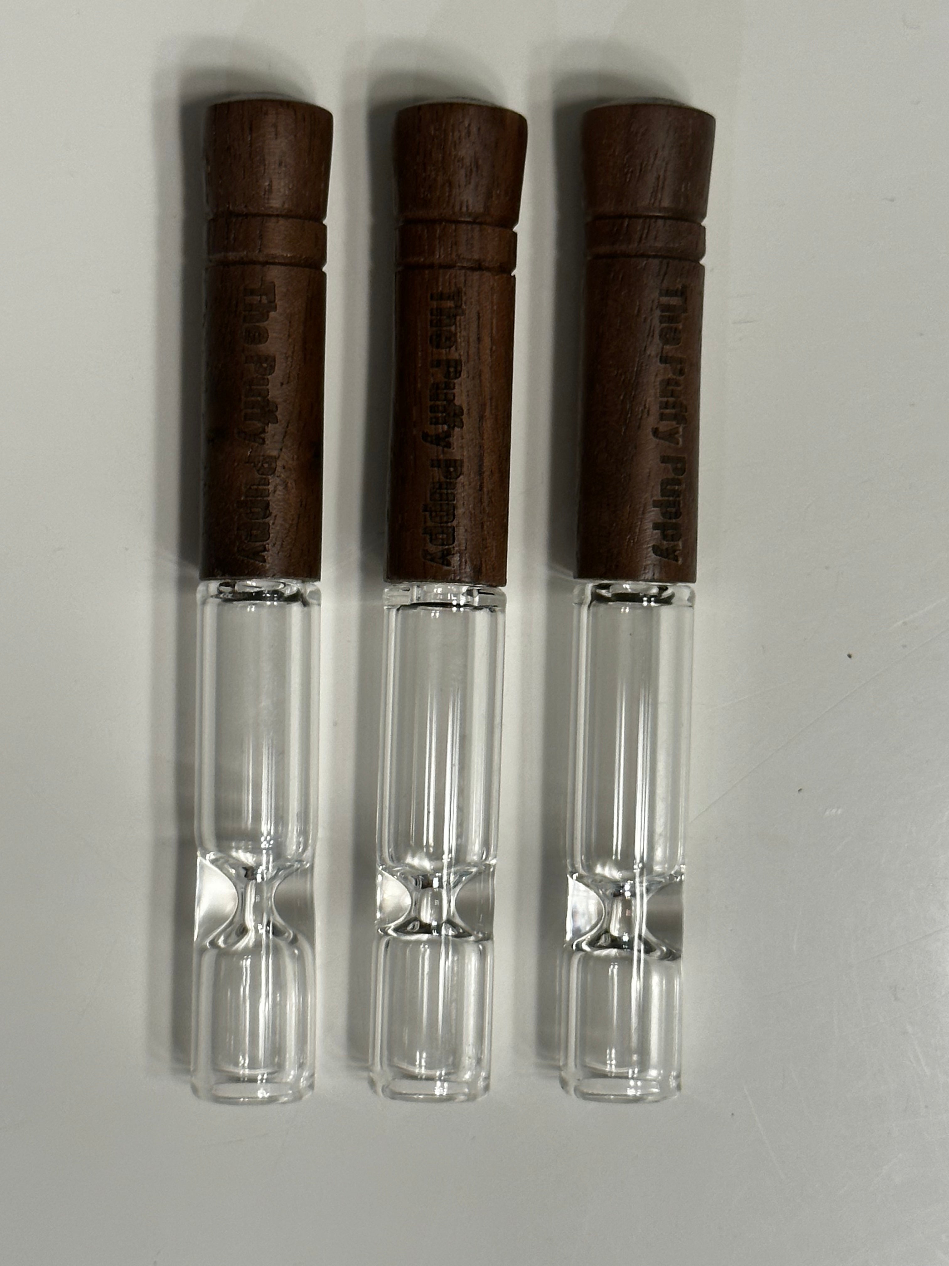 Three piece engraved tobacco glass pipe taster.