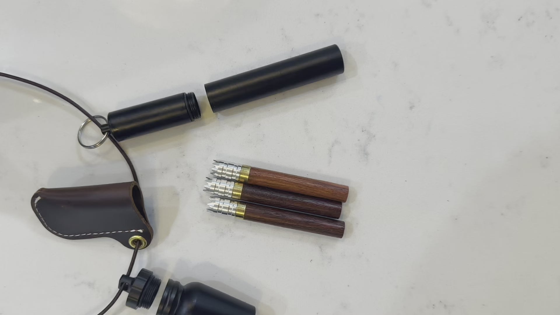 Custom wooden one hitter dugout, chillum, festival special stash jar and leather neck pouch set.