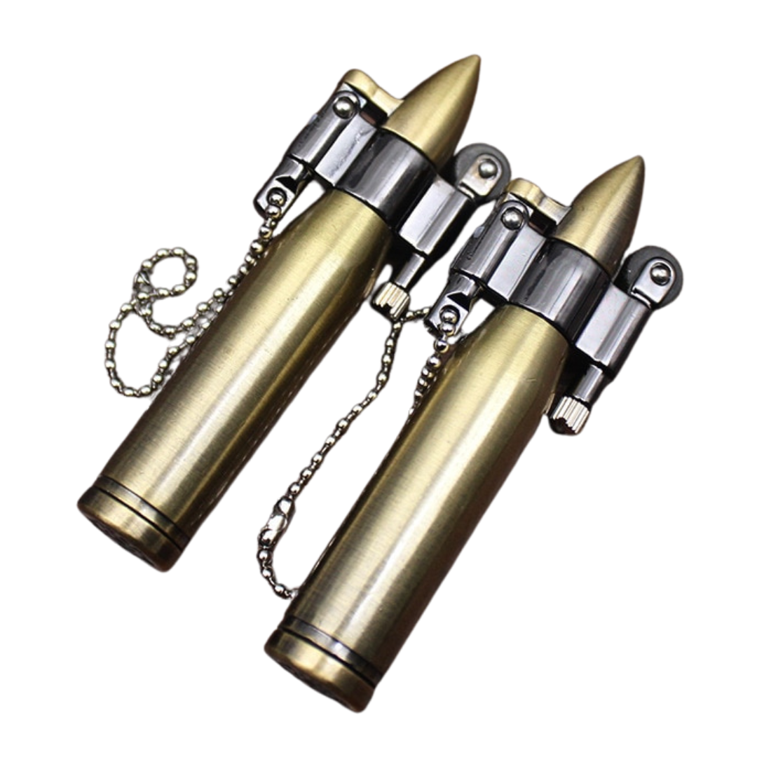 Two brass bullet shaped kerosene steampunk lighters