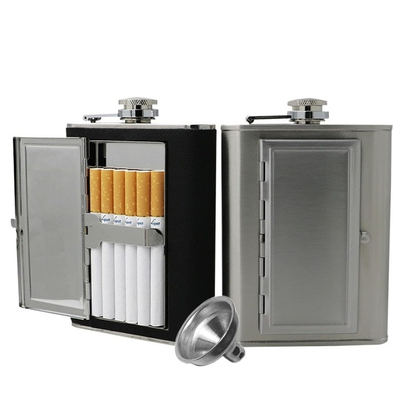 A black whiskey flask cigarette case and stainless steel cigarette case.