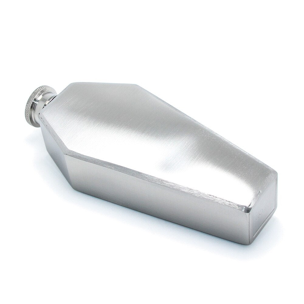Stainless steel whiskey coffin flask.