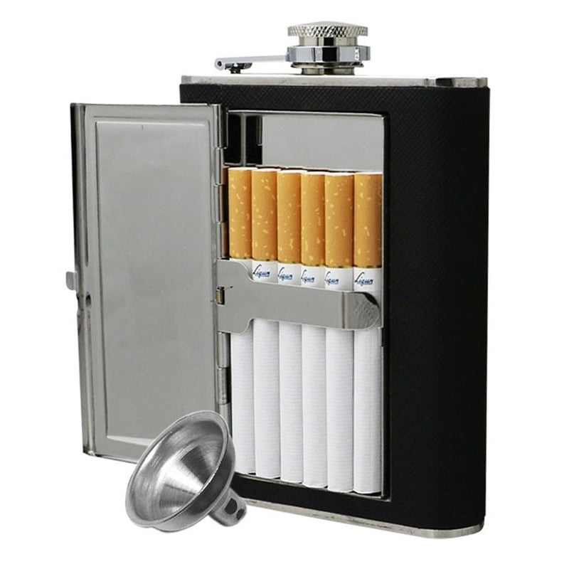 A whiskey flask shaped cigarette case.