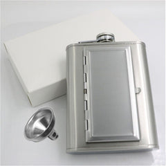 A silver whiskey flask shaped cigarette case and a white package box.