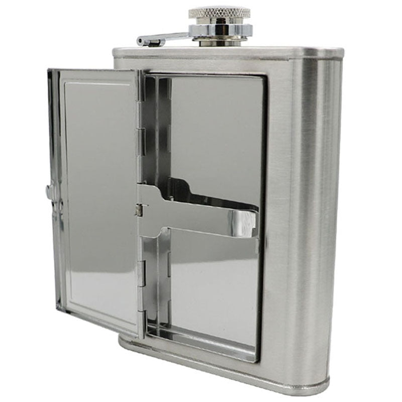 A stainless steel whiskey flask cigarette case.