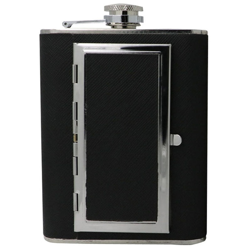 A whiskey flask with a cigarette case compartment.