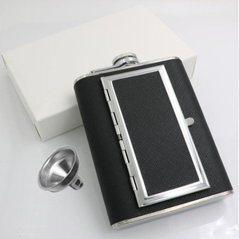 A black whiskey flask with a cigarette compartment and a white package box.