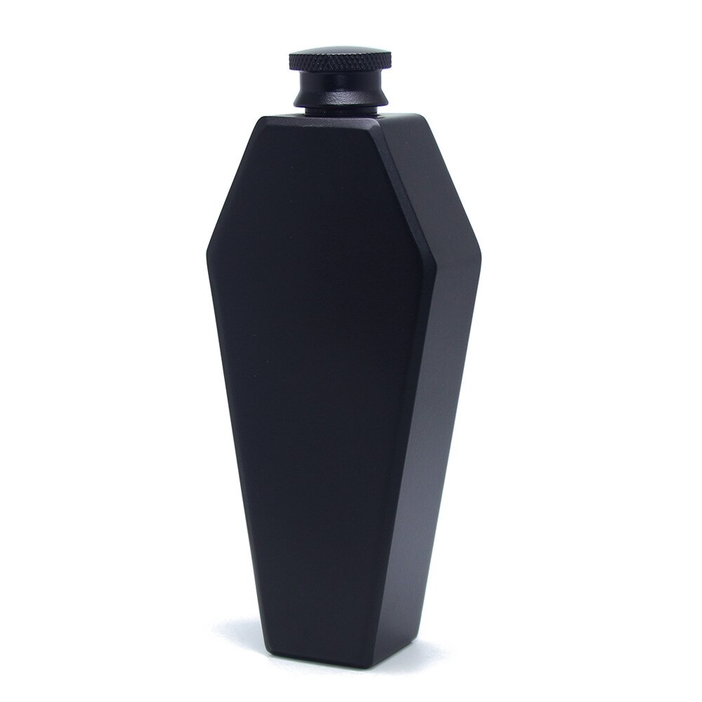 Standing black stainless steel whiskey coffin flask.