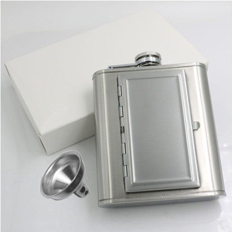 A silver whiskey flask with a cigarette compartment and a white package box.