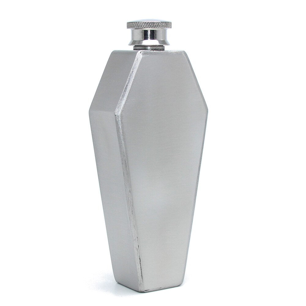 Standing silver stainless steel whiskey coffin flask.