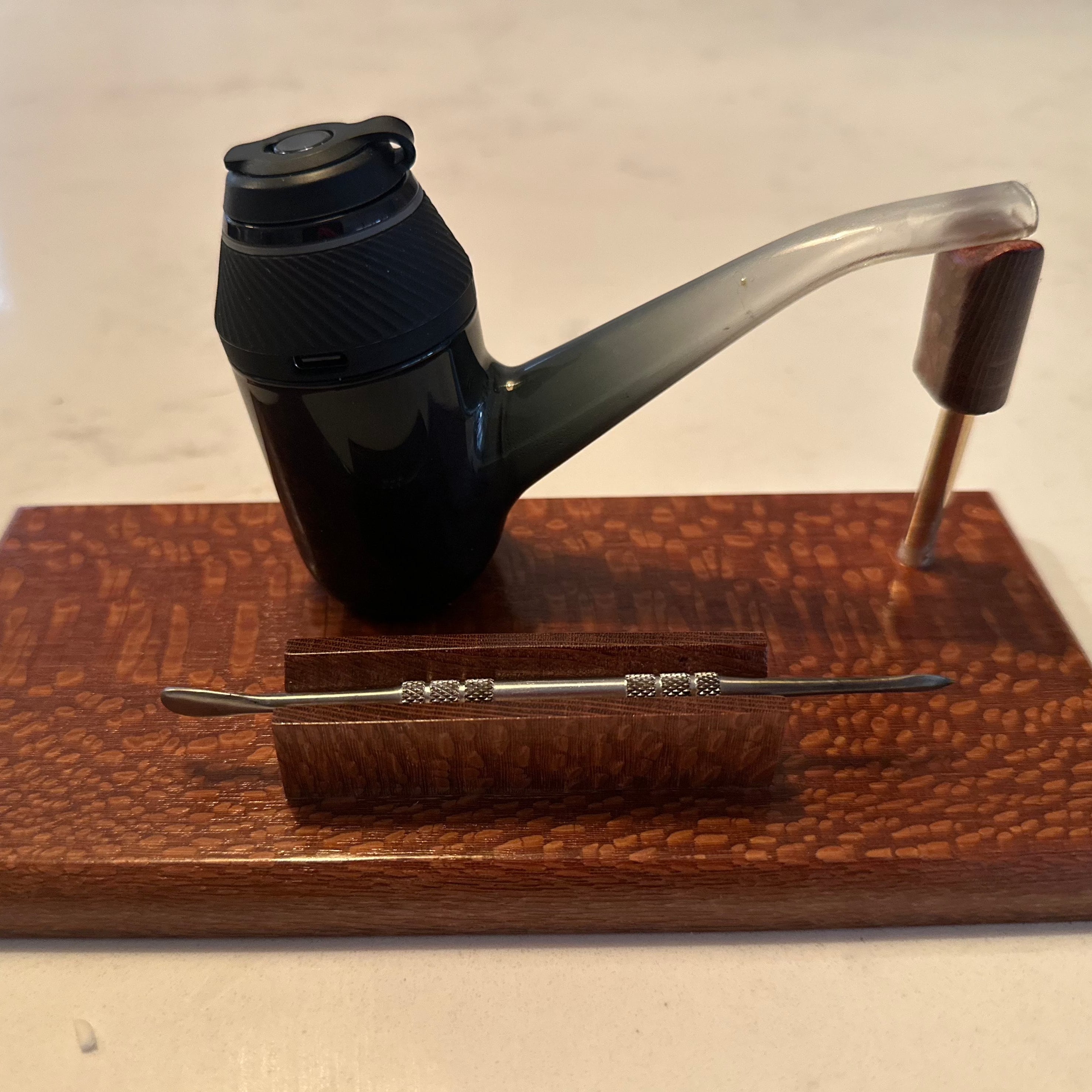 Leopard wood dab holder stand and pipe holder.