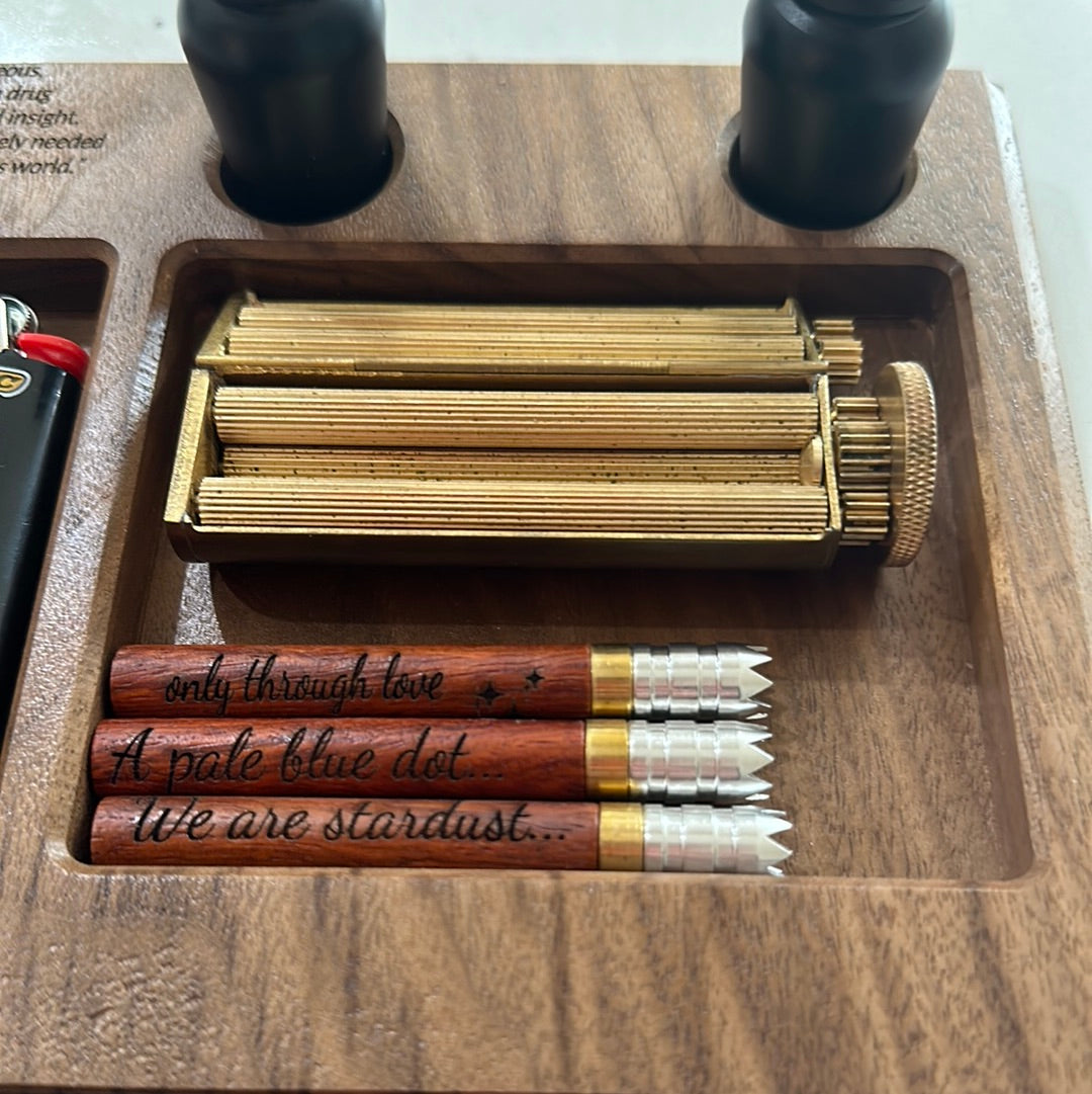 Wooden smoking gift set with three one hitters and a rolling machine station.