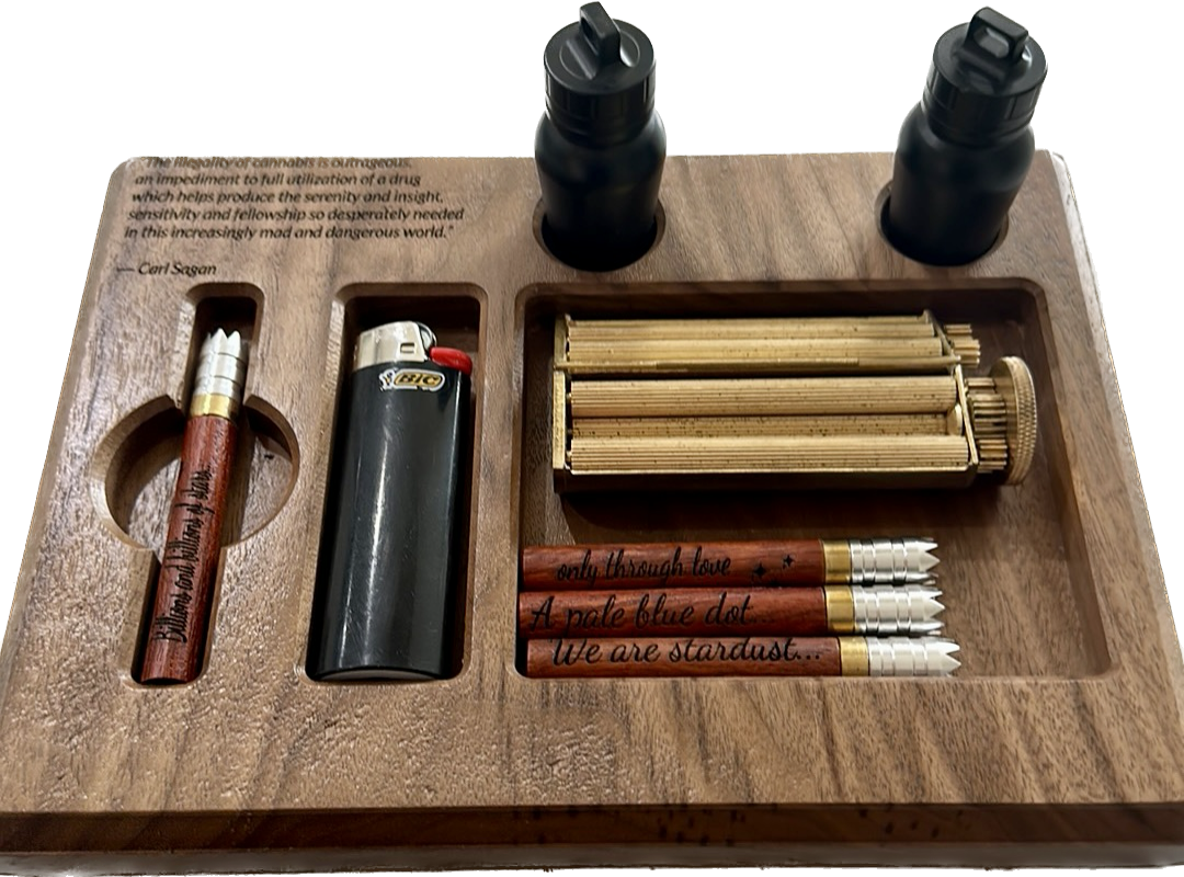 Smoking wooden gift station set with one hitter, stash jar, lighter and rolling machine compartment.