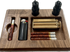 Smoking wooden gift station set with one hitter, stash jar, lighter and rolling machine compartment.