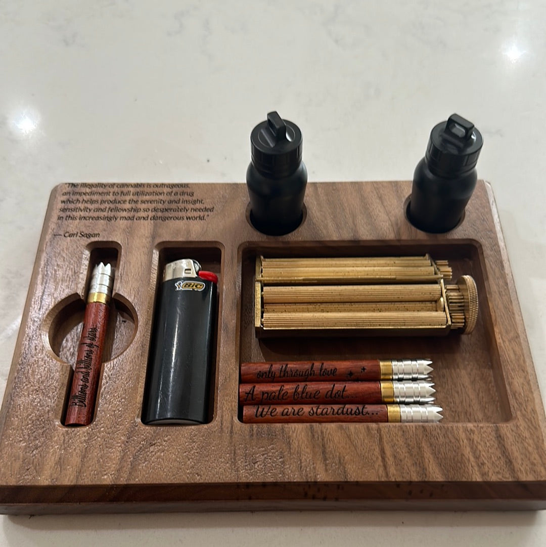 Wooden smoking gift station set with four one hitters,a rolling machine,lighter and pill stash jar.