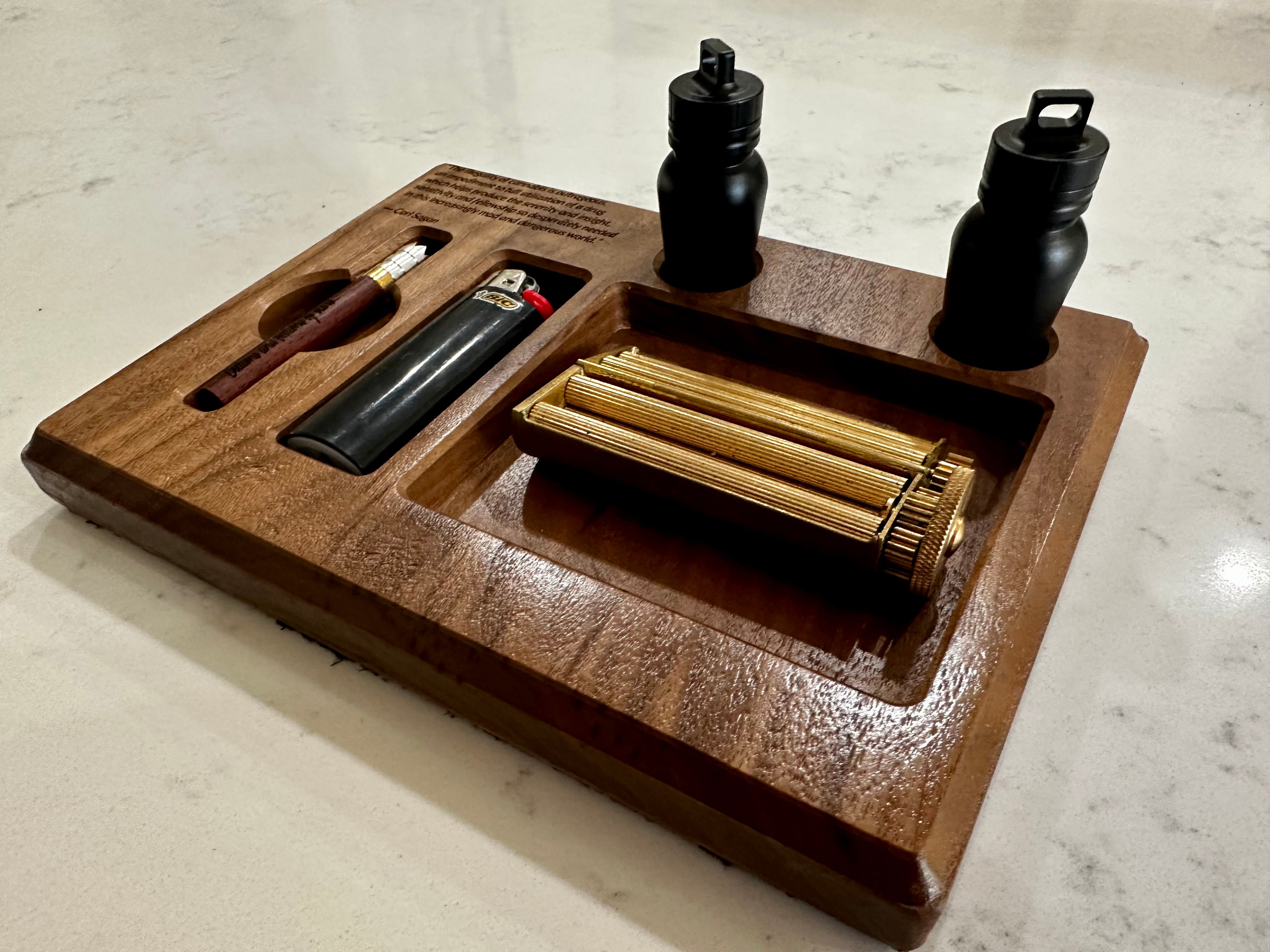 Wooden smoking gift station set with a one hitter,a rolling machine,lighter and two pill stash jars.
